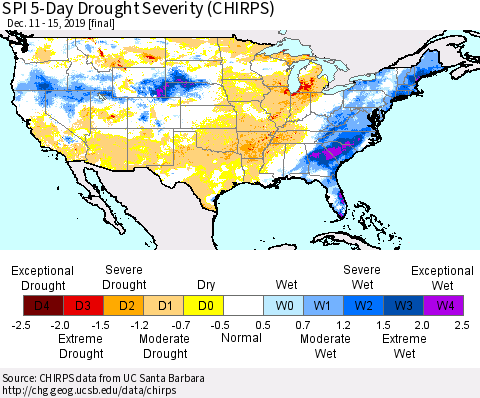 United States SPI 5-Day Drought Severity (CHIRPS) Thematic Map For 12/11/2019 - 12/15/2019