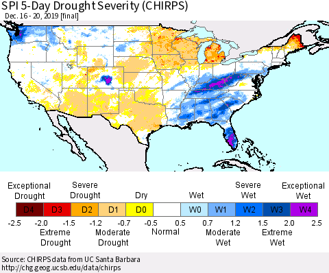 United States SPI 5-Day Drought Severity (CHIRPS) Thematic Map For 12/16/2019 - 12/20/2019