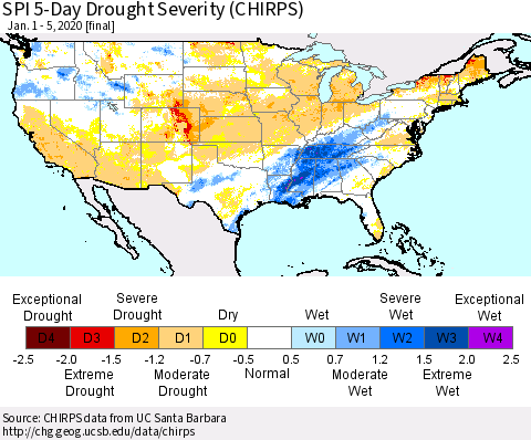 United States SPI 5-Day Drought Severity (CHIRPS) Thematic Map For 1/1/2020 - 1/5/2020