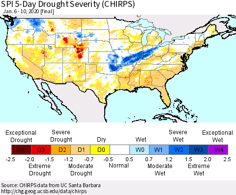 United States SPI 5-Day Drought Severity (CHIRPS) Thematic Map For 1/6/2020 - 1/10/2020