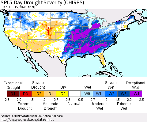 United States SPI 5-Day Drought Severity (CHIRPS) Thematic Map For 1/11/2020 - 1/15/2020