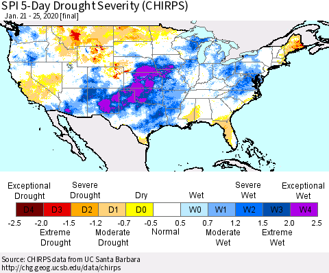 United States SPI 5-Day Drought Severity (CHIRPS) Thematic Map For 1/21/2020 - 1/25/2020