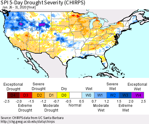 United States SPI 5-Day Drought Severity (CHIRPS) Thematic Map For 1/26/2020 - 1/31/2020
