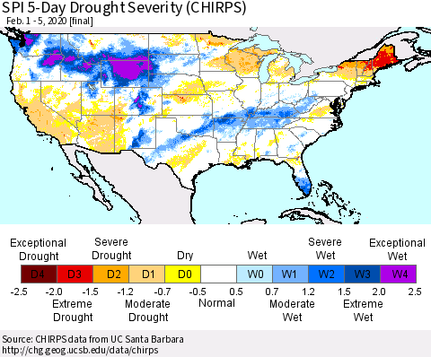 United States SPI 5-Day Drought Severity (CHIRPS) Thematic Map For 2/1/2020 - 2/5/2020