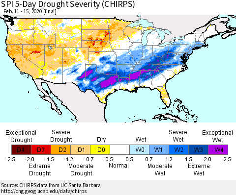 United States SPI 5-Day Drought Severity (CHIRPS) Thematic Map For 2/11/2020 - 2/15/2020