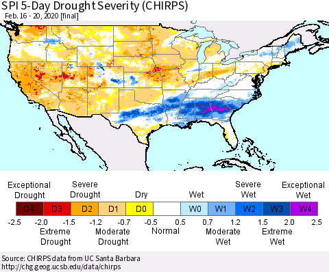 United States SPI 5-Day Drought Severity (CHIRPS) Thematic Map For 2/16/2020 - 2/20/2020