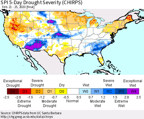 United States SPI 5-Day Drought Severity (CHIRPS) Thematic Map For 2/21/2020 - 2/25/2020