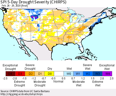 United States SPI 5-Day Drought Severity (CHIRPS) Thematic Map For 2/26/2020 - 2/29/2020