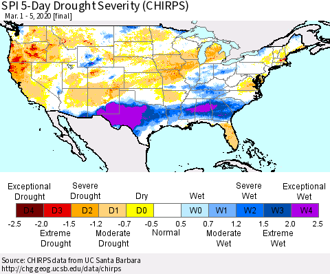 United States SPI 5-Day Drought Severity (CHIRPS) Thematic Map For 3/1/2020 - 3/5/2020