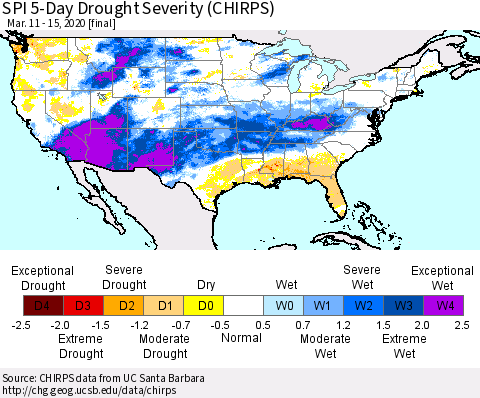 United States SPI 5-Day Drought Severity (CHIRPS) Thematic Map For 3/11/2020 - 3/15/2020