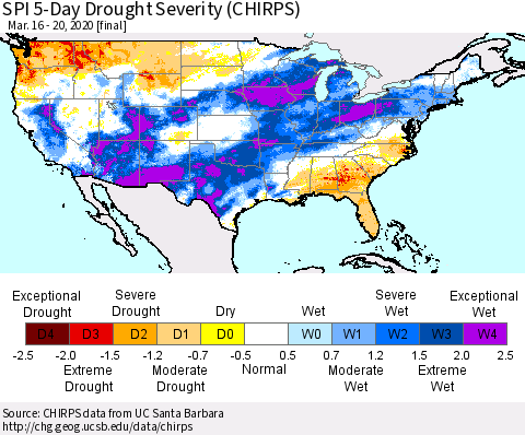 United States SPI 5-Day Drought Severity (CHIRPS) Thematic Map For 3/16/2020 - 3/20/2020