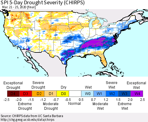 United States SPI 5-Day Drought Severity (CHIRPS) Thematic Map For 3/21/2020 - 3/25/2020