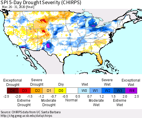 United States SPI 5-Day Drought Severity (CHIRPS) Thematic Map For 3/26/2020 - 3/31/2020