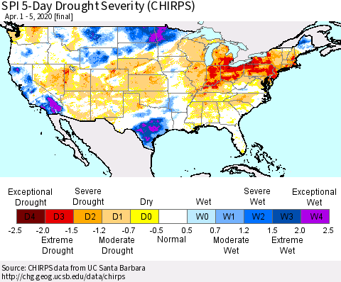 United States SPI 5-Day Drought Severity (CHIRPS) Thematic Map For 4/1/2020 - 4/5/2020