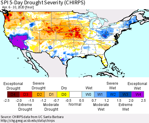 United States SPI 5-Day Drought Severity (CHIRPS) Thematic Map For 4/6/2020 - 4/10/2020