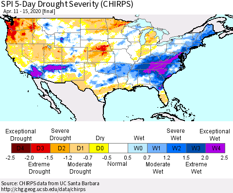 United States SPI 5-Day Drought Severity (CHIRPS) Thematic Map For 4/11/2020 - 4/15/2020