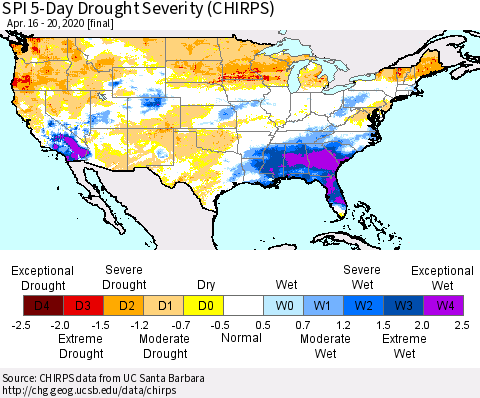 United States SPI 5-Day Drought Severity (CHIRPS) Thematic Map For 4/16/2020 - 4/20/2020