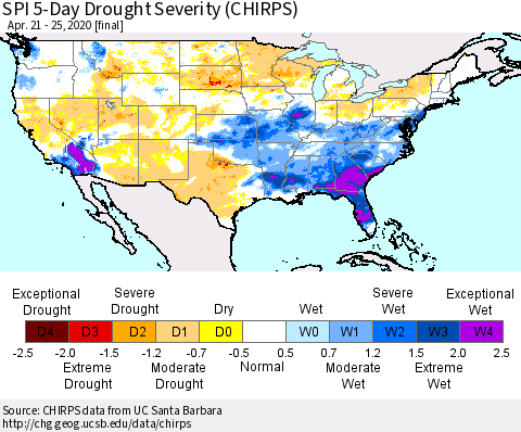 United States SPI 5-Day Drought Severity (CHIRPS) Thematic Map For 4/21/2020 - 4/25/2020