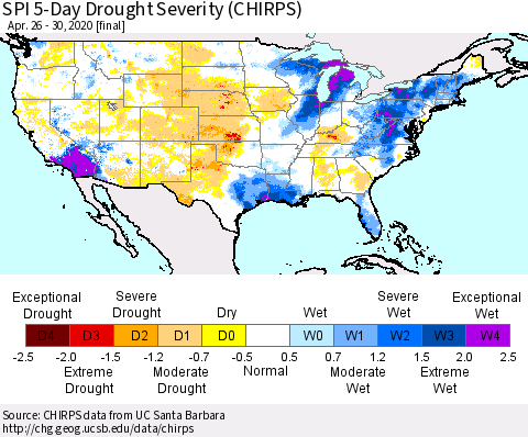 United States SPI 5-Day Drought Severity (CHIRPS) Thematic Map For 4/26/2020 - 4/30/2020