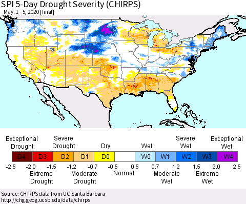 United States SPI 5-Day Drought Severity (CHIRPS) Thematic Map For 5/1/2020 - 5/5/2020