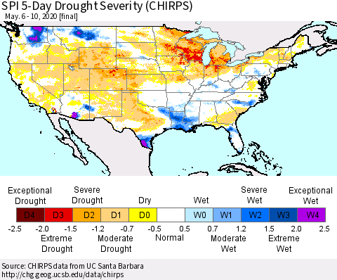United States SPI 5-Day Drought Severity (CHIRPS) Thematic Map For 5/6/2020 - 5/10/2020