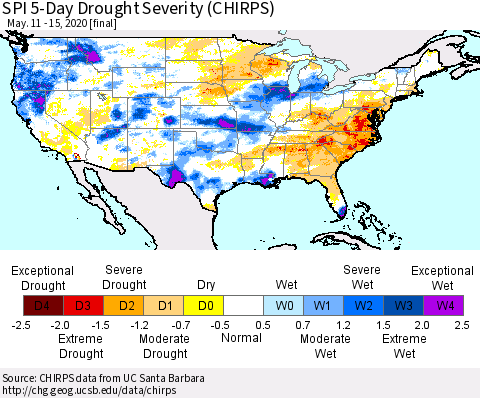 United States SPI 5-Day Drought Severity (CHIRPS) Thematic Map For 5/11/2020 - 5/15/2020
