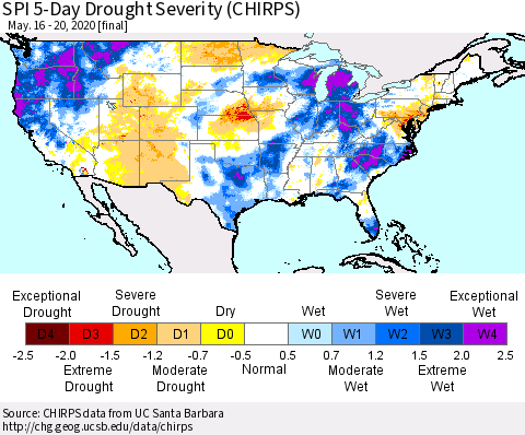 United States SPI 5-Day Drought Severity (CHIRPS) Thematic Map For 5/16/2020 - 5/20/2020