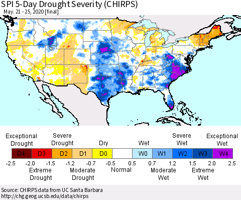 United States SPI 5-Day Drought Severity (CHIRPS) Thematic Map For 5/21/2020 - 5/25/2020