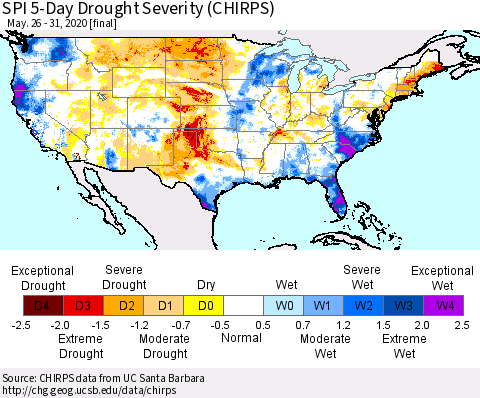 United States SPI 5-Day Drought Severity (CHIRPS) Thematic Map For 5/26/2020 - 5/31/2020