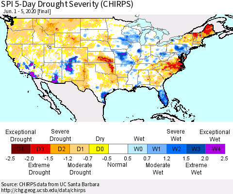 United States SPI 5-Day Drought Severity (CHIRPS) Thematic Map For 6/1/2020 - 6/5/2020