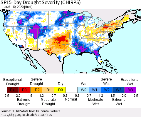 United States SPI 5-Day Drought Severity (CHIRPS) Thematic Map For 6/6/2020 - 6/10/2020
