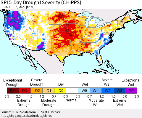 United States SPI 5-Day Drought Severity (CHIRPS) Thematic Map For 6/11/2020 - 6/15/2020