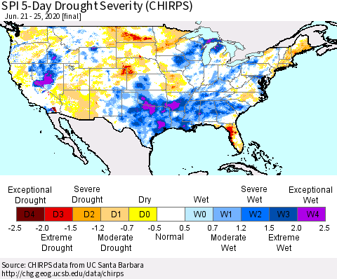 United States SPI 5-Day Drought Severity (CHIRPS) Thematic Map For 6/21/2020 - 6/25/2020