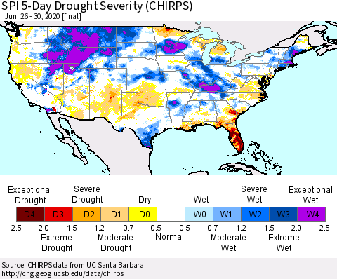 United States SPI 5-Day Drought Severity (CHIRPS) Thematic Map For 6/26/2020 - 6/30/2020