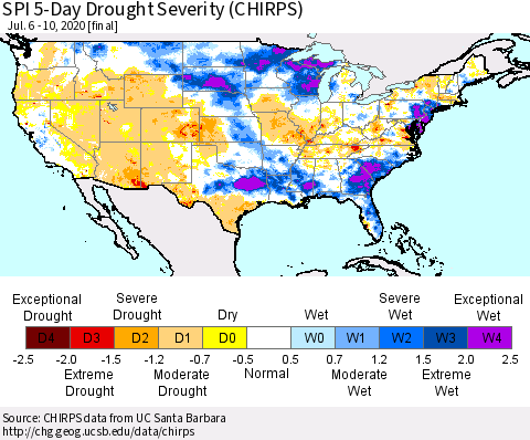 United States SPI 5-Day Drought Severity (CHIRPS) Thematic Map For 7/6/2020 - 7/10/2020