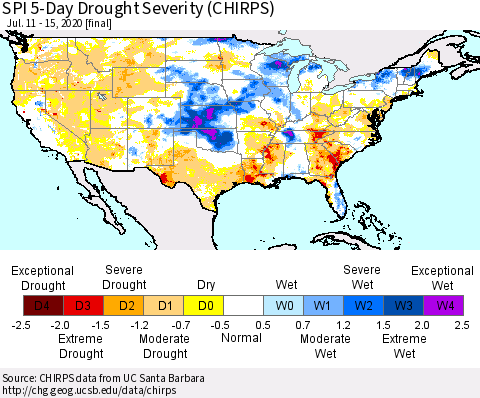 United States SPI 5-Day Drought Severity (CHIRPS) Thematic Map For 7/11/2020 - 7/15/2020