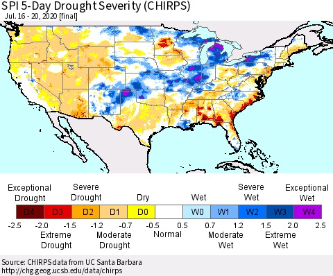 United States SPI 5-Day Drought Severity (CHIRPS) Thematic Map For 7/16/2020 - 7/20/2020