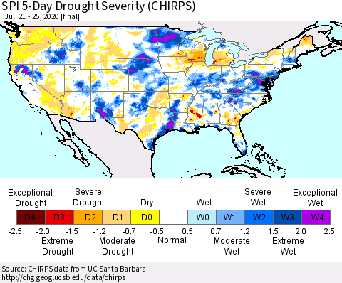 United States SPI 5-Day Drought Severity (CHIRPS) Thematic Map For 7/21/2020 - 7/25/2020