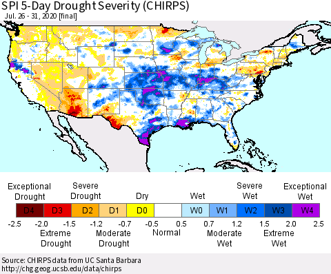 United States SPI 5-Day Drought Severity (CHIRPS) Thematic Map For 7/26/2020 - 7/31/2020