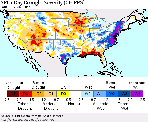 United States SPI 5-Day Drought Severity (CHIRPS) Thematic Map For 8/1/2020 - 8/5/2020