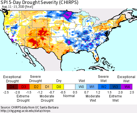 United States SPI 5-Day Drought Severity (CHIRPS) Thematic Map For 8/11/2020 - 8/15/2020