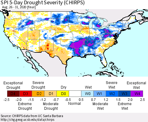 United States SPI 5-Day Drought Severity (CHIRPS) Thematic Map For 8/26/2020 - 8/31/2020