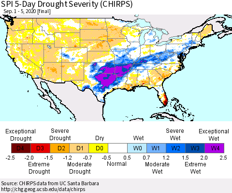 United States SPI 5-Day Drought Severity (CHIRPS) Thematic Map For 9/1/2020 - 9/5/2020