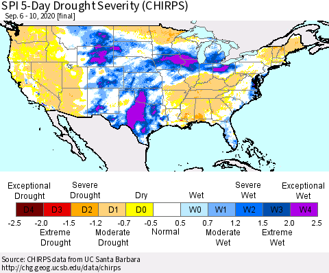 United States SPI 5-Day Drought Severity (CHIRPS) Thematic Map For 9/6/2020 - 9/10/2020