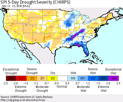 United States SPI 5-Day Drought Severity (CHIRPS) Thematic Map For 9/11/2020 - 9/15/2020