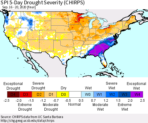 United States SPI 5-Day Drought Severity (CHIRPS) Thematic Map For 9/16/2020 - 9/20/2020