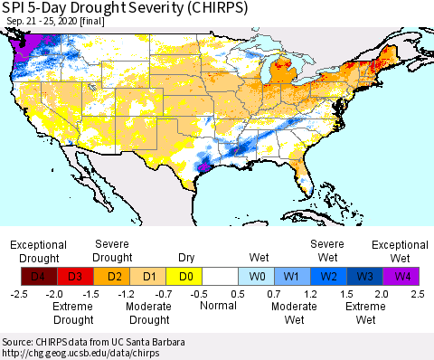 United States SPI 5-Day Drought Severity (CHIRPS) Thematic Map For 9/21/2020 - 9/25/2020