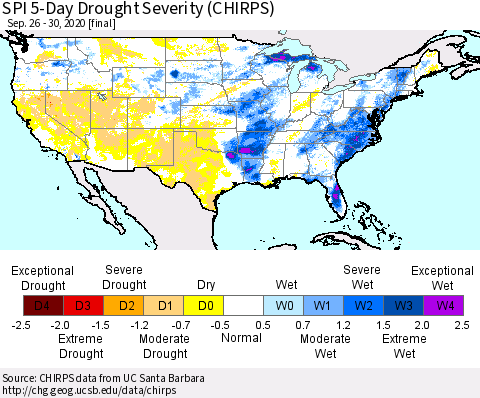 United States SPI 5-Day Drought Severity (CHIRPS) Thematic Map For 9/26/2020 - 9/30/2020