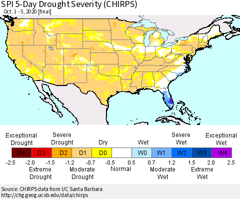 United States SPI 5-Day Drought Severity (CHIRPS) Thematic Map For 10/1/2020 - 10/5/2020