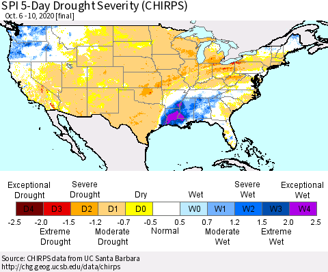 United States SPI 5-Day Drought Severity (CHIRPS) Thematic Map For 10/6/2020 - 10/10/2020